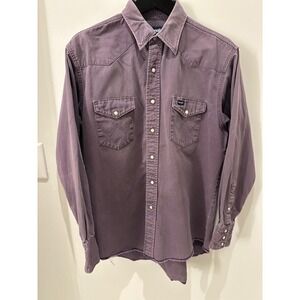 VTG Wrangler Brush popper‎ Shirt Mens 16.5 Purple Pearl Snap Western USA Ranch